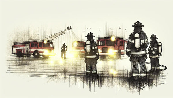 Skizzenhafte Szene mit Feuerwehrfahrzeugen und Schutzkleidung vor hellem Hintergrund