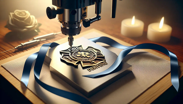 Feuerwehrbezogene Gravurmaschine in Aktion mit personalisiertem Metall-Anhänger detailgetreu gefertigt in Steelmonks Farbpalette.