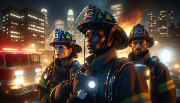 Feuerwehrleute im nächtlichen Einsatz mit Flammenreflexionen in den Helmen, stimmungsvolles, realistisches Bild in Steelmonks Farben.