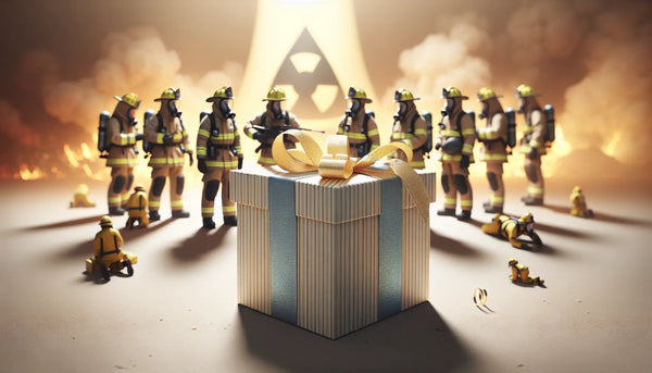 Feuerwehr bei ABC-Einsatz mit stilvollen, schlanken Geschenken in Steelmonks-Farben als Zeichen der Wertschätzung und Schutz.