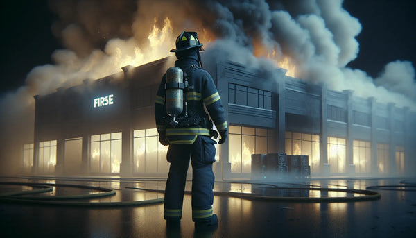 Feuerwehrszene vor brennendem Wirtschaftsgebäude mit realistischer Rauch- und Flammendarstellung im Steelmonks-Farbkonzept.