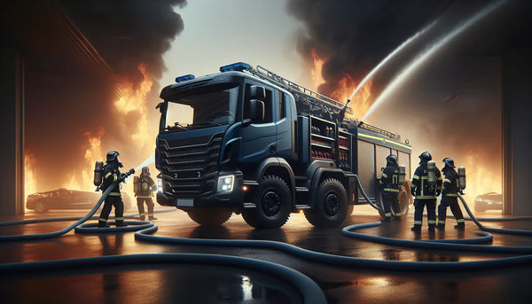 Ein Feuerwehrfahrzeug in Steelmonks-Farben mit Feuerwehrleuten bei einem Löschangriff vor lodernden Flammen.