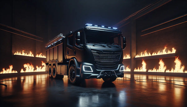 Feuerwehrauto bei Nacht vor lodernden Flammen, realistisch und stimmungsvoll im Steelmonks-Stil mit persischem Blau und tiefem Schwarz.