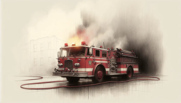 Feuerwehrauto und Geräte skizzenhaft vor weissem Hintergrund