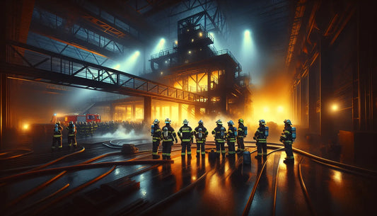 Feuerwehr rettet Menschen aus brennender Industriehalle mit starken Flammen, realistische Szene, Steelmonks Farbpalette, mutiges Team bei Einsatz.