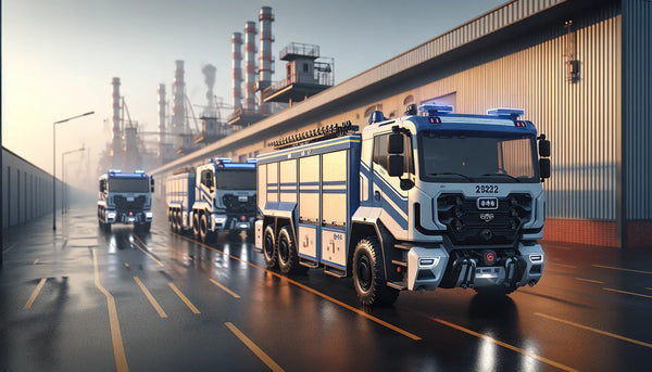 Aktiver Feuerwehr-Einsatz im Industriegebiet mit Feuerwehrfahrzeugen, Rauchentwicklung und Steelmonks Farbschema in realistischer, warmen Szene.