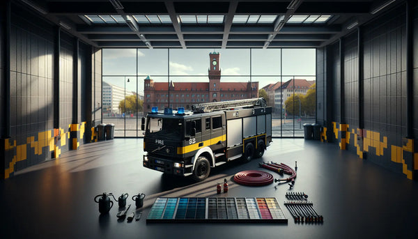 Feuerwehr-Hilfeleistungslöschgruppenfahrzeug in Berliner Stadt mit realistischem, wärmevollem Stil, Steelmonks Farben, ruhige, professionelle Szene