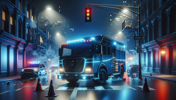 Feuerwehrfahrzeug bei nächtlichem Einsatz auf Straßen mit Warnzeichen und Trümmern nach Verkehrsunfall, stimmungsvolle, realistische Darstellung.