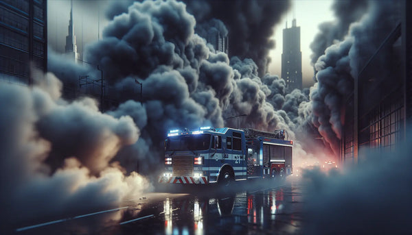 Detailreiches, atmosphärisches Bild eines Feuerwehrfahrzeugs im Einsatz umgeben von dichten Rauchwolken, warmes Licht, Steelmonks Farbgestaltung.