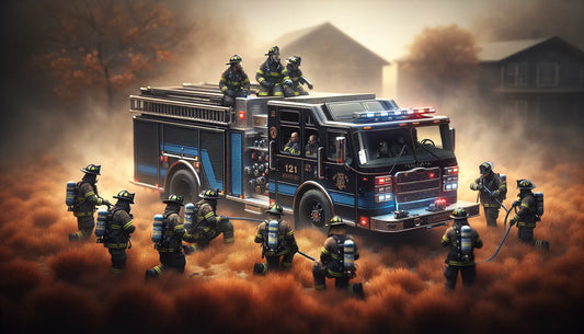 Feuerwehrteam im Einsatz mit prominentem schwarzen Feuerwehrauto, umgeben von hellem Licht und Rauch, symbolisiert Teamarbeit und Organisation.