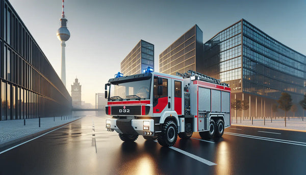 Feuerwehrfahrzeug in Weiß-Rot auf moderner Berliner Straße vor Hochhausskyline, warmes Licht, realistische Texturen, Steelmonks Farbstil.