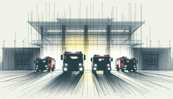 Skizzenhafte Feuerwehrszene mit Fahrzeugen vor moderner Feuerwache ruhige reduzierte Darstellung