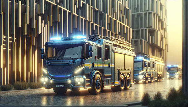 Rote Feuerwehrfahrzeuge mit blinkenden Lichtern in einer urbanen, stimmungsvollen Umgebung im Steelmonks Farbschema.