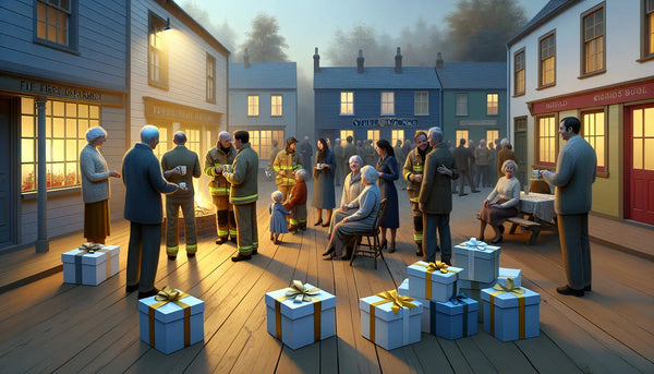 Feuerwehrfest auf Dorfplatz mit Gästen und eleganten Geschenken in Steelmonks Farben, Atmosphäre von Freundschaft und Wertschätzung.