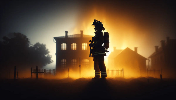 Silhouette einer Feuerwehrfrau vor flammendem Gebäude, warmes Licht, Steelmonks Farbgebung, mutige und ruhige Atmosphäre.