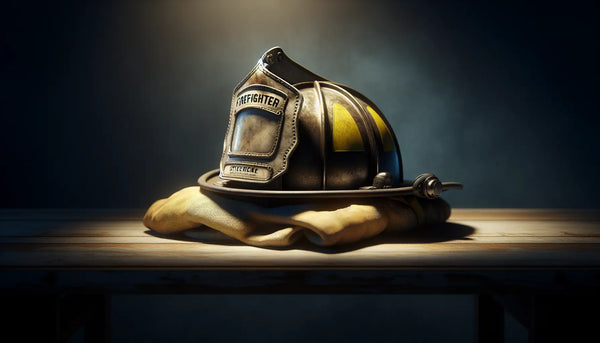 Feuerwehrhelm mit leuchtendem persisch-blauem Hintergrund als Symbol für Mut, Schutz und Wertschätzung.