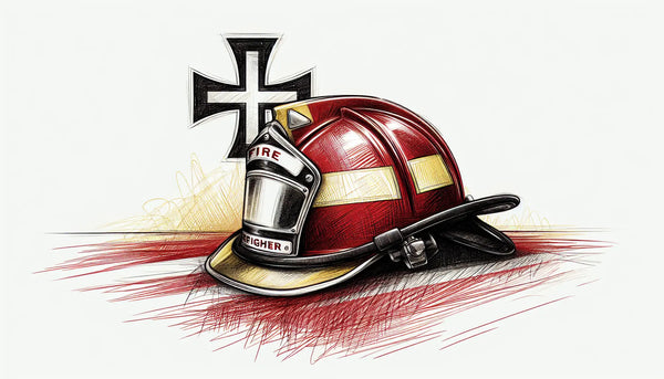 Skizzenhafte Zeichnung eines Feuerwehrhelms neben einem Malteserkreuz auf weissem Hintergrund