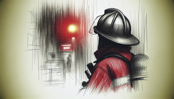Skizzenhafte Darstellung von Feuerwehrhelm und Schutzkleidung an Haken mit gelbem Lichtpunkt im Hintergrund