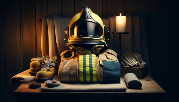 Ein Feuerwehrhelm mit persischem Blau und eine THL-Jacke in Ghost White und warmen Gelbtönen, realistisch und atmosphärisch bei einem Brandeinsatz inszeniert.