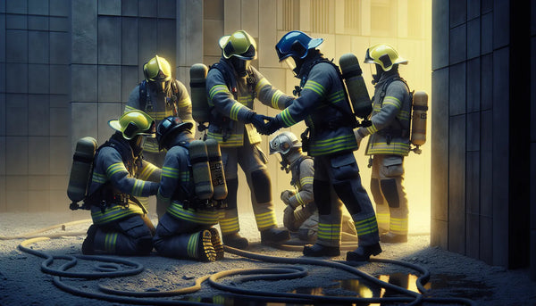 Feuerwehrleute helfen Menschen mit Ausrüstung im Einsatz, Stahlblaue und gelbe Akzente, realistisch, warm beleuchtet, wertschätzend, Steelmonks Stil.