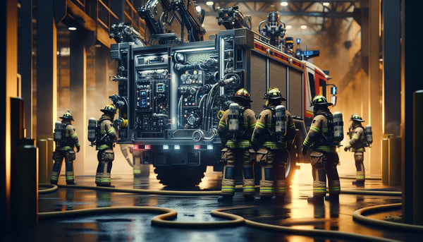 Moderne Feuerwehrleute im Einsatz mit High-Tech Geräten und Fahrzeugen in warmem, ruhigem Steelmonks Farblook.