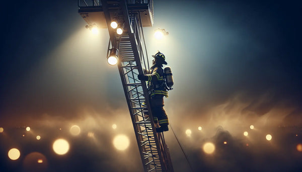 Feuerwehrmann steigt bei Nacht auf Leiter, umgeben von Rauch und Lichtern, mit moderner Ausrüstung im Steelmonks-Stil.