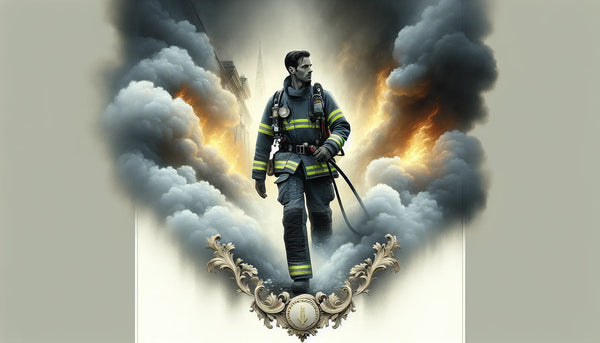 Feuerwehrmann tapfer in Rauch und Flammen, mutig und detailreich, im stilvollen Steelmonks-Look.