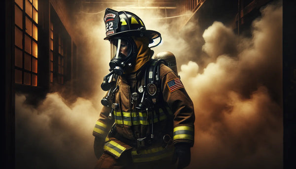 Feuerwehrmann in voller Ausrüstung betritt ein brennendes Gebäude mit Rauch im Hintergrund, symbolisiert Mut und Risiko seines Berufs.