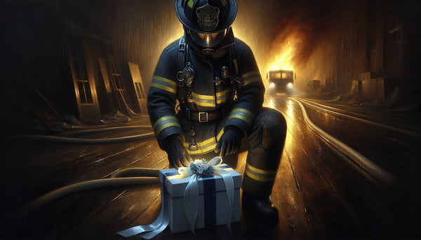 Feuerwehrmann bei Nachtbrand mit elegant verpacktem Geschenk in Persian Blue und Ghost White – Symbol für Mut und Wertschätzung.