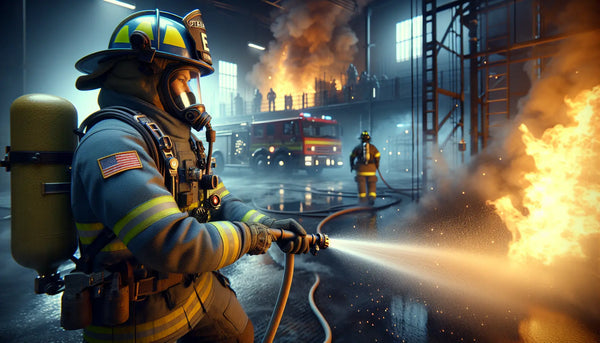 Feuerwehrmann löscht Feuer in realistischer Szene mit Flammen und Rauch, technische Geräte, stimmungsvolle Beleuchtung, Steelmonks Farbpalette.
