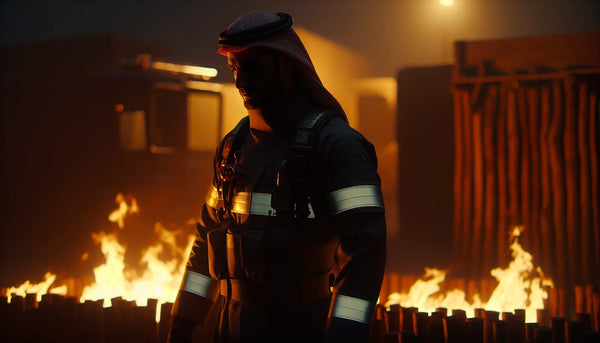 Feuerwehrmann bei nächtlichem Einsatz, beleuchtet von Flammenlicht mit Einsatzfahrzeug im Hintergrund, realistisch und dramatisch im Steelmonks-Stil.