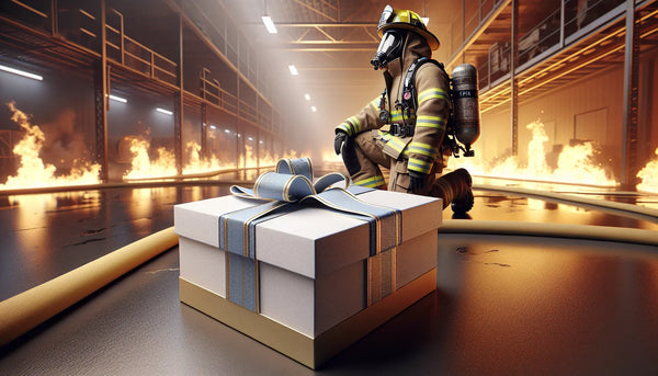Feuerwehrmann trainiert im simulierten Lagerhausbrand mit technischer Ausrüstung, Geschenkbox in Steelmonks-Farben im Vordergrund, warme Atmosphäre.