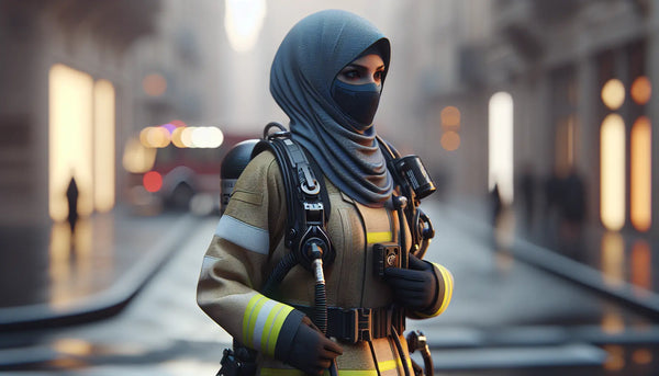 Feuerwehrmann in moderner Schutzkleidung bei städtischem Einsatz, warm beleuchtet, realistisch und vertrauenswürdig im Steelmonks-Farbschema.