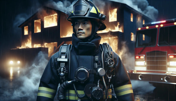 Feuerwehrmann mit Hightech-Ausrüstung vor brennendem Gebäude, warm beleuchtet im Steelmonks Stil, realistisch und atmosphärisch.