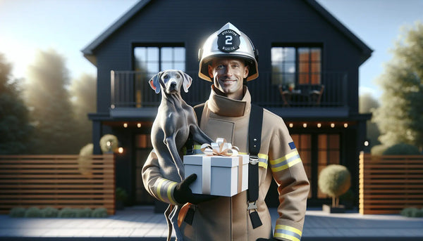 Feuerwehrmann hält gerettetes Haustier vor Wohnhaus, fein verpacktes Geschenk in Steelmonks-Farben, warme, freundliche Atmosphäre.