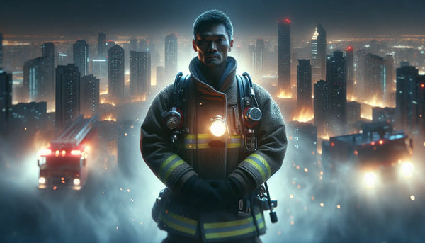 Feuerwehrmann in voller Ausrüstung vor brennendem Gebäude in Großstadt bei Nacht, Steelmonks Farbakzente, vertrauensvolle Atmosphäre.