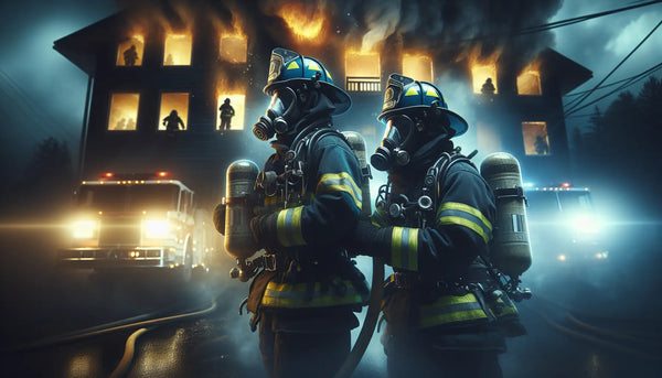 Feuerwehrleute retten Menschen bei Nacht aus brennendem Gebäude, dramatisch und realistisch im warmen Steelmonks-Stil.