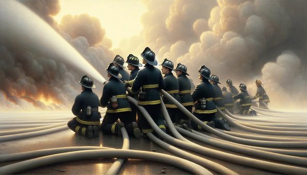 Feuerwehrleute löschen im Team ein Feuer, umgeben von Rauchwolken, in warmem Steelmonks-Farbschema mit realistischem, ruhigem Look.