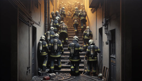 Feuerwehrleute im engen Treppenhaus bei Einsatz mit moderner Ausrüstung in warmem Licht, Steelmonks Farbschema.