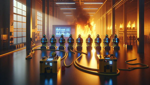 Realistisches Feuerwehr-Trainingsszenario mit Feuersimulation und Übungspuppen in moderner Akademie, warmes Licht, Steelmonks Farbpalette.