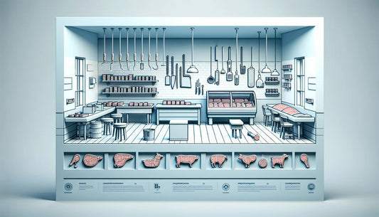 moderner fleischerei innenraum mit traditionellen fleischhandwerkswerkzeugen und hochwertigen fleischprodukten reduziert auf klare minimalistische vektorgrafik ohne menschen heller ruhiger hintergrund