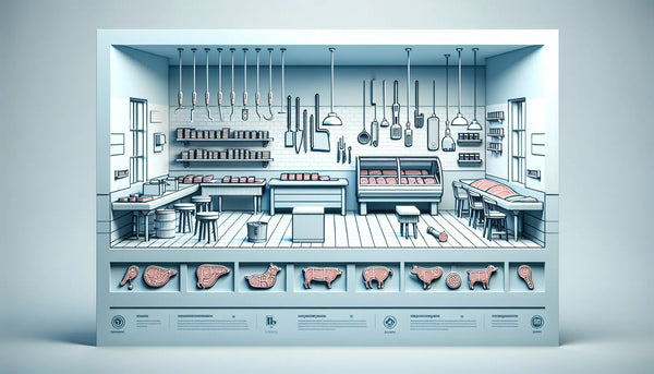 moderner fleischerei innenraum mit traditionellen fleischhandwerkswerkzeugen und hochwertigen fleischprodukten reduziert auf klare minimalistische vektorgrafik ohne menschen heller ruhiger hintergrund