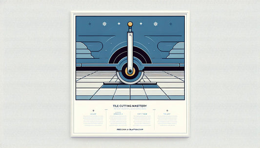 Minimalistische Grafik eines stilisierten Fliesenschneidewerkzeugs in Persian Blue mit gelbem Akzentpunkt auf weißem Hintergrund. Text Fliesenschneiden Meisterschaft und Stichpunkt Präzision und Handwerk.