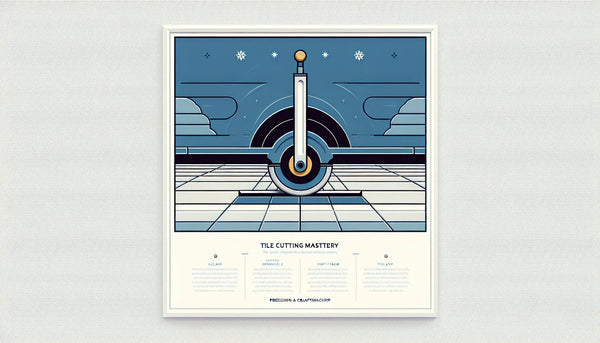 Minimalistische Grafik eines stilisierten Fliesenschneidewerkzeugs in Persian Blue mit gelbem Akzentpunkt auf weißem Hintergrund. Text Fliesenschneiden Meisterschaft und Stichpunkt Präzision und Handwerk.