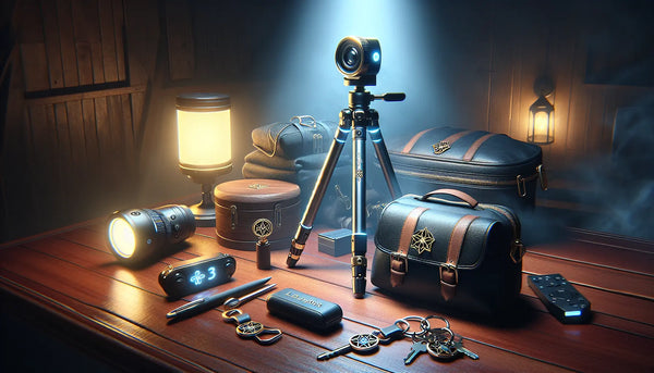 Hochwertige Fotografie-Accessoires auf einem warmen Holztisch in Steelmonks Look mit blau-gelben Akzenten und weichem Licht.