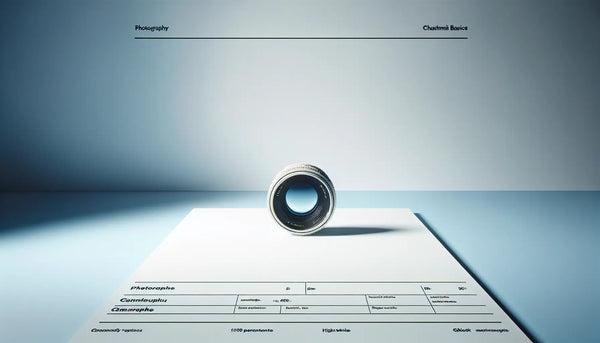 stilisiertes kameraobjektiv als minimale vektorgrafik auf hellem hintergrund mit text zu fotografie basics