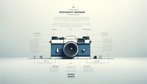 stilisierte kamera als klare vektorgrafik auf weissem hintergrund mit text zu fotografieausruestung und studio basics