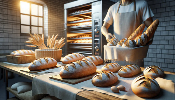 Frisch gebackenes Brot in herzlicher Bäckerei-Atmosphäre mit warmem Licht und ruhigem Steelmonks-Farbschema.