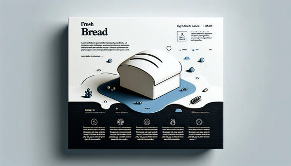 stilisiertes brot als minimale vektorgrafik auf hellem hintergrund mit text zu frisches brot und zutaten