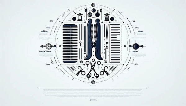Minimalistischer Zunft-Anstecker mit Friseursymbol bestehend aus Kamm und Schere als klare, reduzierte Vektorgrafik in Persian Blue auf weißem Ghost White Hintergrund mit gelbem Akzentpunkt. Schwarzer Text darunter.